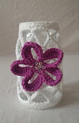 Windlicht - Weiß / Lila mit Blume und Pailletten