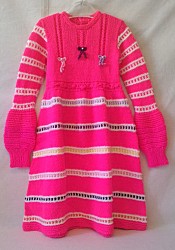 Kleid - Pink / Weiß / Gelb / Lila mit Knöpfe, Kordel, Schleifen und Perlen - Größe 104 / 116 - Mädchen
