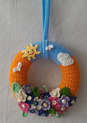 Türkranz - Sommer - Orange / Blau / Bunt mit Knöpfe, Blumen, Sonne, Wolken und Vögel